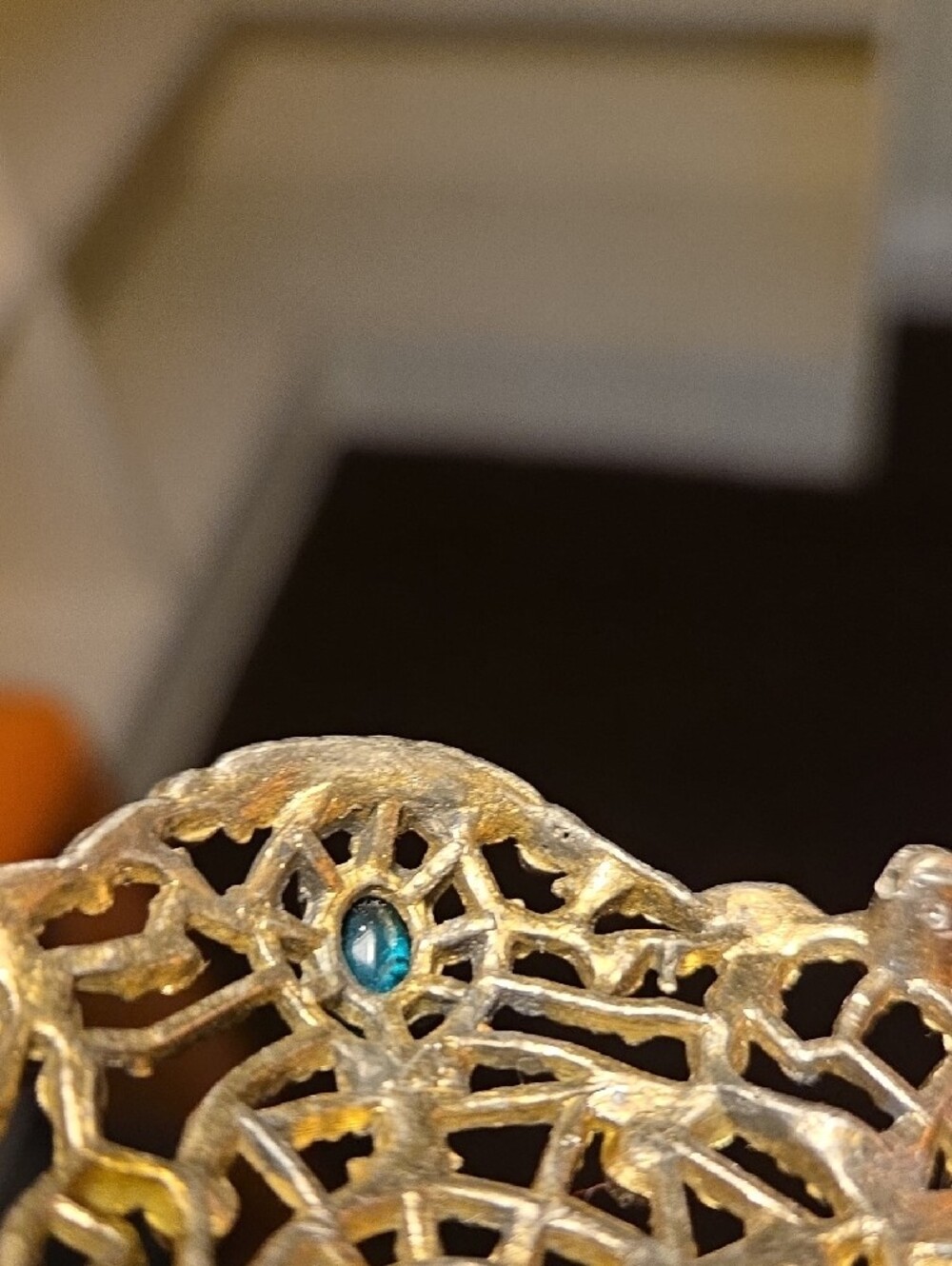 Vintage Czech Brass Filigree Brooch with Teal and Green Stones - Picture 3 of 8
